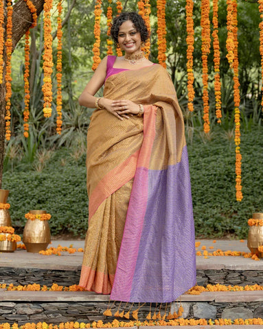 Beige Cotton Acrylic Saree With Running Zari Lines