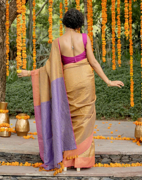 Beige Cotton Acrylic Saree With Running Zari Lines