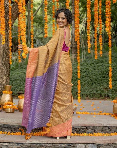 Beige Cotton Acrylic Saree With Running Zari Lines