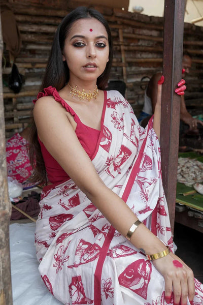White Mulmul Cotton Printed Saree With Red Border