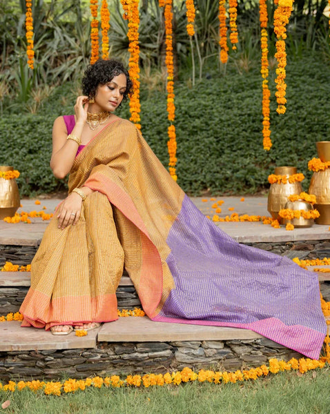 Beige Cotton Acrylic Saree With Running Zari Lines