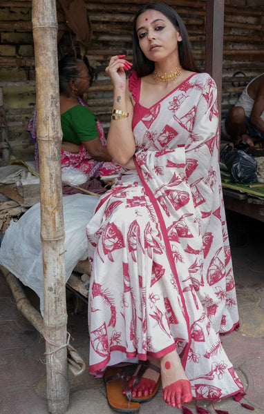 White Mulmul Cotton Printed Saree With Red Border