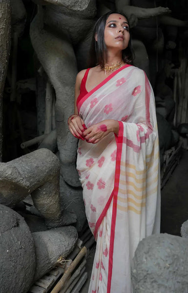 White And Red Mulmul Cotton Floral Design Saree With Tassels