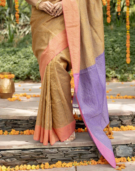 Beige Cotton Acrylic Saree With Running Zari Lines