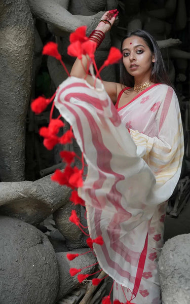 White And Red Mulmul Cotton Floral Design Saree With Tassels