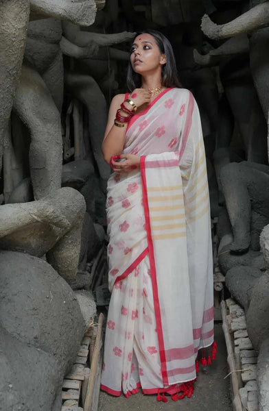 White And Red Mulmul Cotton Floral Design Saree With Tassels