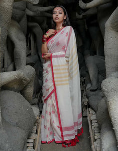 White And Red Mulmul Cotton Floral Design Saree With Tassels
