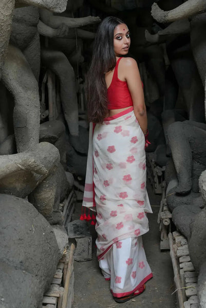 White And Red Mulmul Cotton Floral Design Saree With Tassels