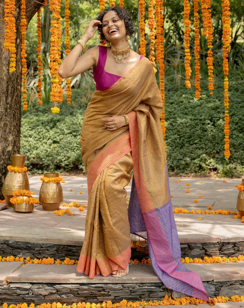 Beige Cotton Acrylic Saree With Running Zari Lines