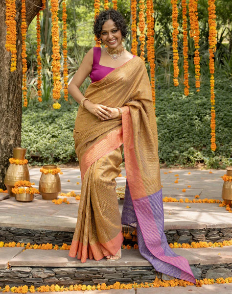 Beige Cotton Acrylic Saree With Running Zari Lines