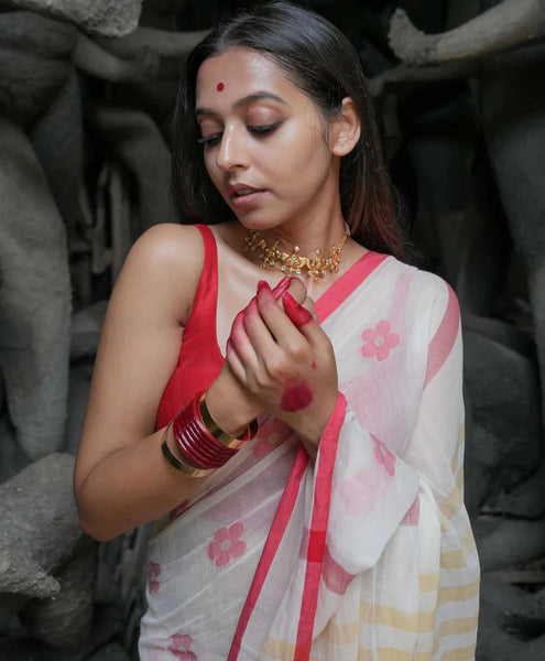 White And Red Mulmul Cotton Floral Design Saree With Tassels