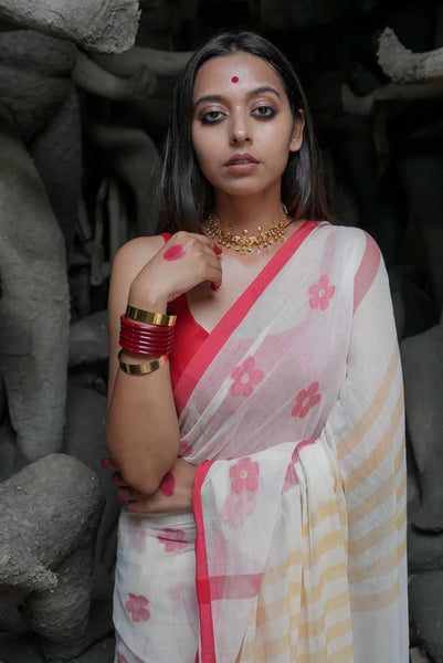 White And Red Mulmul Cotton Floral Design Saree With Tassels
