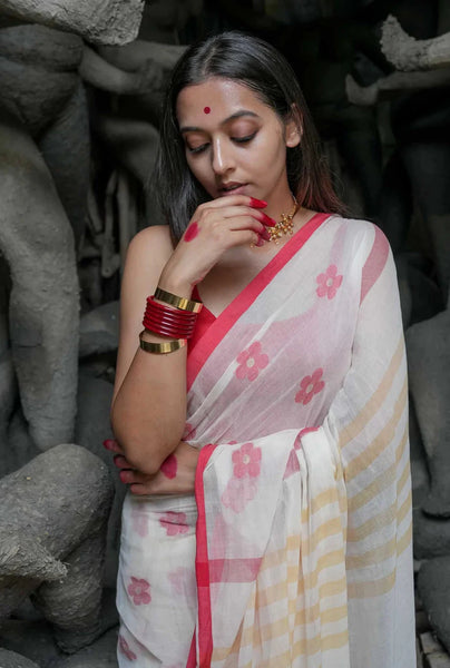 White And Red Mulmul Cotton Floral Design Saree With Tassels