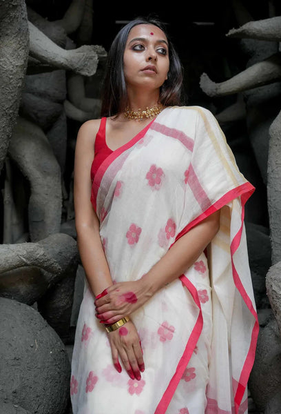White And Red Mulmul Cotton Floral Design Saree With Tassels