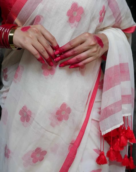 White And Red Mulmul Cotton Floral Design Saree With Tassels