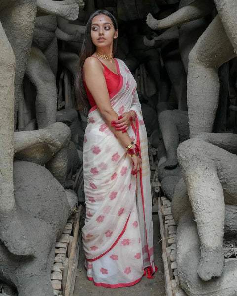 White And Red Mulmul Cotton Floral Design Saree With Tassels