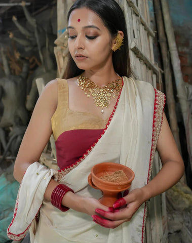 Readymade Gold And Maroon Cambric Sleeveless Blouse With Sweetheart Neckline