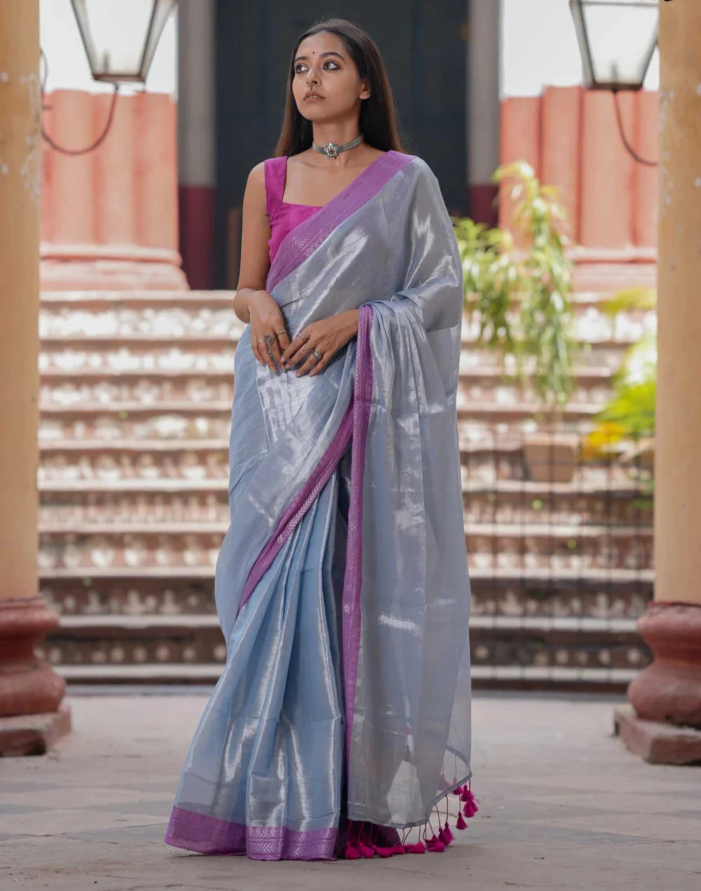 Exquisite Dual-colored Silver Tissue Cotton Saree