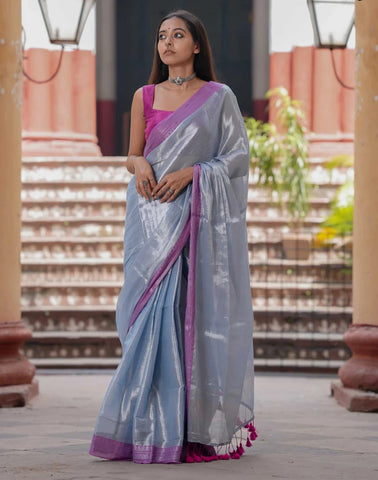 Exquisite Dual-colored Silver Tissue Cotton Saree