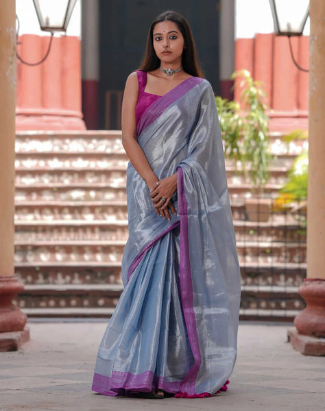 Exquisite Dual-colored Silver Tissue Cotton Saree