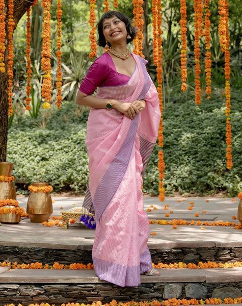 Light Pink Mul Cotton Zari Saree