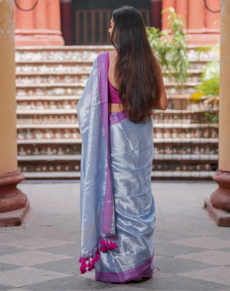 Exquisite Dual-colored Silver Tissue Cotton Saree