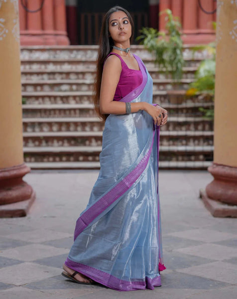 Exquisite Dual-colored Silver Tissue Cotton Saree