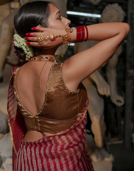 Red Acrylic Cotton Golden Stripes Saree With Tassels