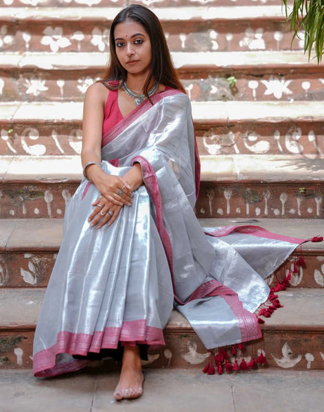 Dual-colored Silver Tissue Cotton Saree