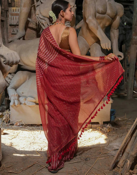 Red Acrylic Cotton Golden Stripes Saree With Tassels