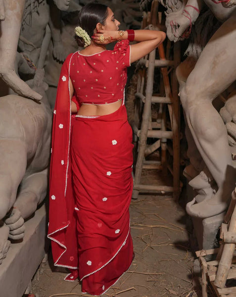 Red Mulmul Cotton Saree WIth Crochet Flowers