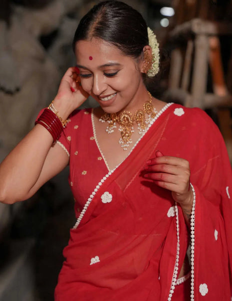 Red Mulmul Cotton Saree WIth Crochet Flowers