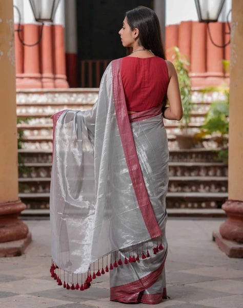 Dual-colored Silver Tissue Cotton Saree
