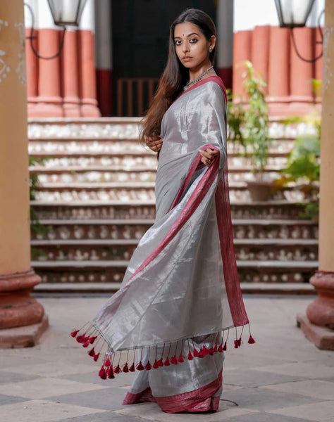 Dual-colored Silver Tissue Cotton Saree