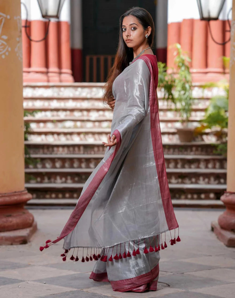 Dual-colored Silver Tissue Cotton Saree