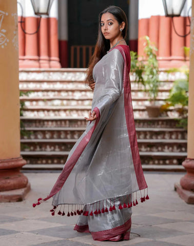 Dual-colored Silver Tissue Cotton Saree