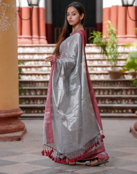 Dual-colored Silver Tissue Cotton Saree