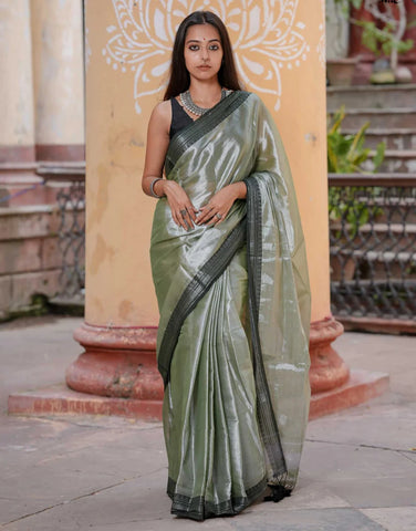 Striking Dual-colored Silver Tissue Cotton Saree