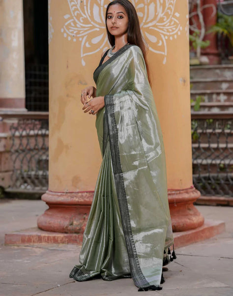 Striking Dual-colored Silver Tissue Cotton Saree