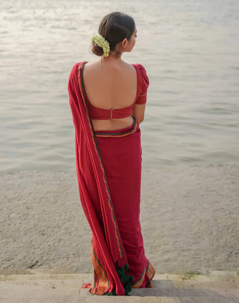 Maroon Slub Cotton Zari Border Saree With Tassels