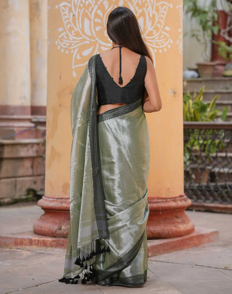 Striking Dual-colored Silver Tissue Cotton Saree