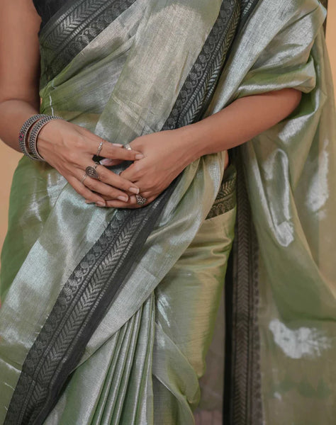 Striking Dual-colored Silver Tissue Cotton Saree