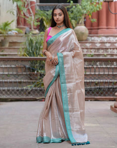 Beautiful Dual-colored Silver Tissue Cotton Saree