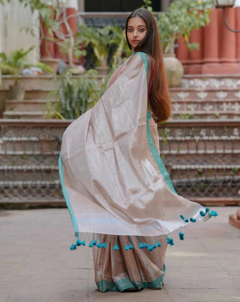 Beautiful Dual-colored Silver Tissue Cotton Saree