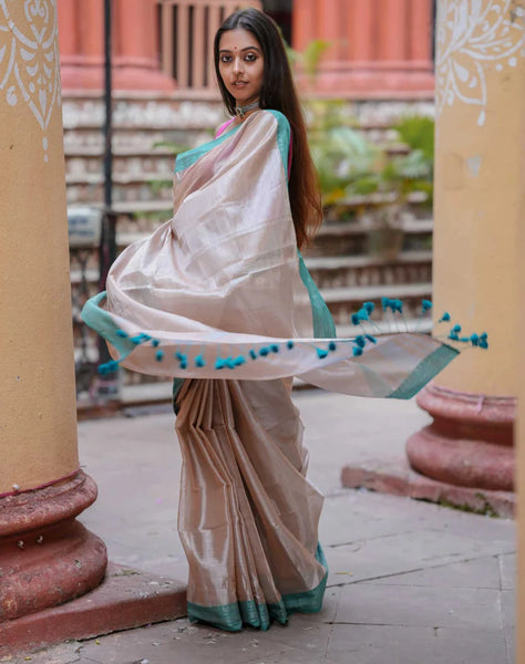 Beautiful Dual-colored Silver Tissue Cotton Saree
