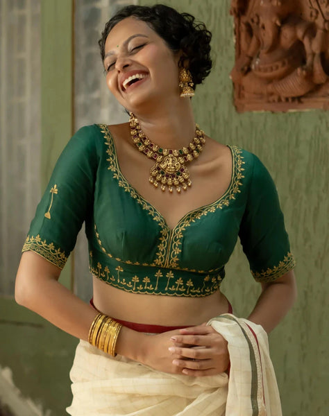 Readymade Green Cotton Silk Designer Blouse With Dome Neck