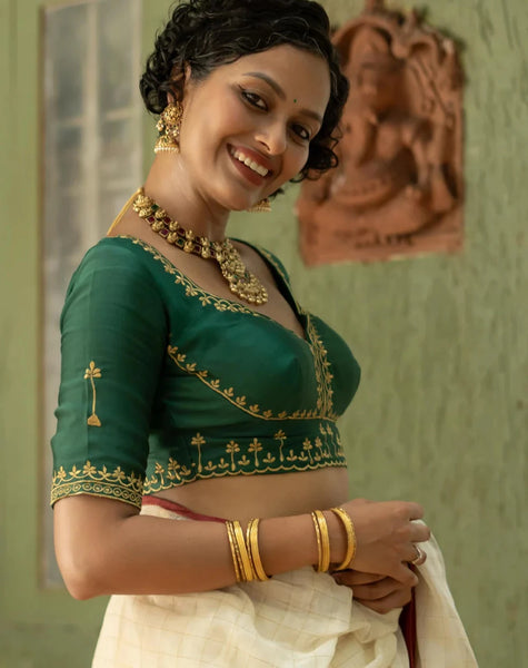 Readymade Green Cotton Silk Designer Blouse With Dome Neck