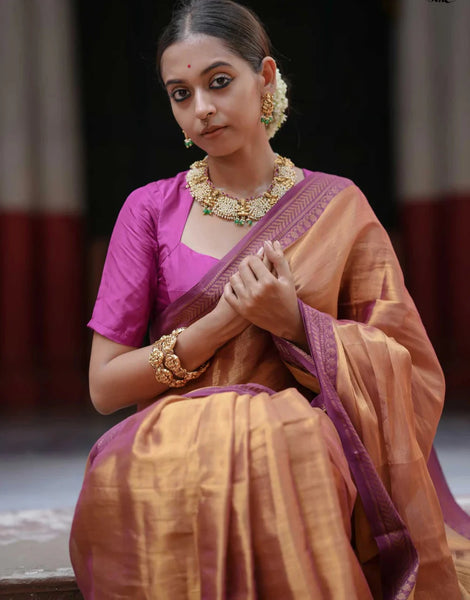 Dual-colored Copper Tissue Cotton Saree