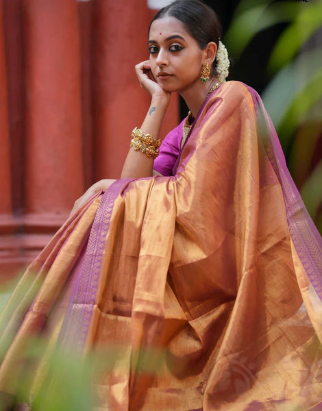Dual-colored Copper Tissue Cotton Saree