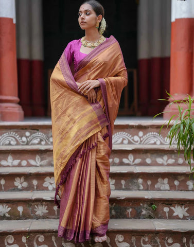 Dual-colored Copper Tissue Cotton Saree